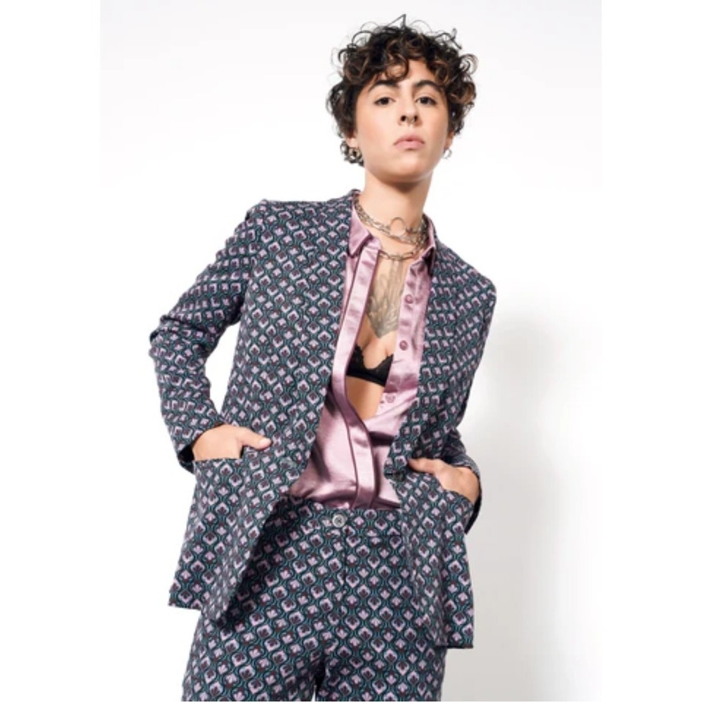 Wildfang The Empower Tux Blazer 1X Purple Blue Geometric Print Open Front Jacket